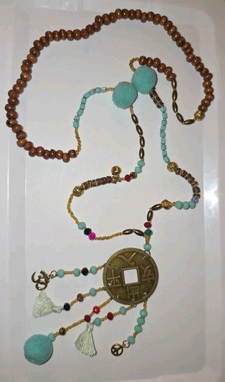 Vintage Style Beaded Necklace with Chinese Coin Pendant